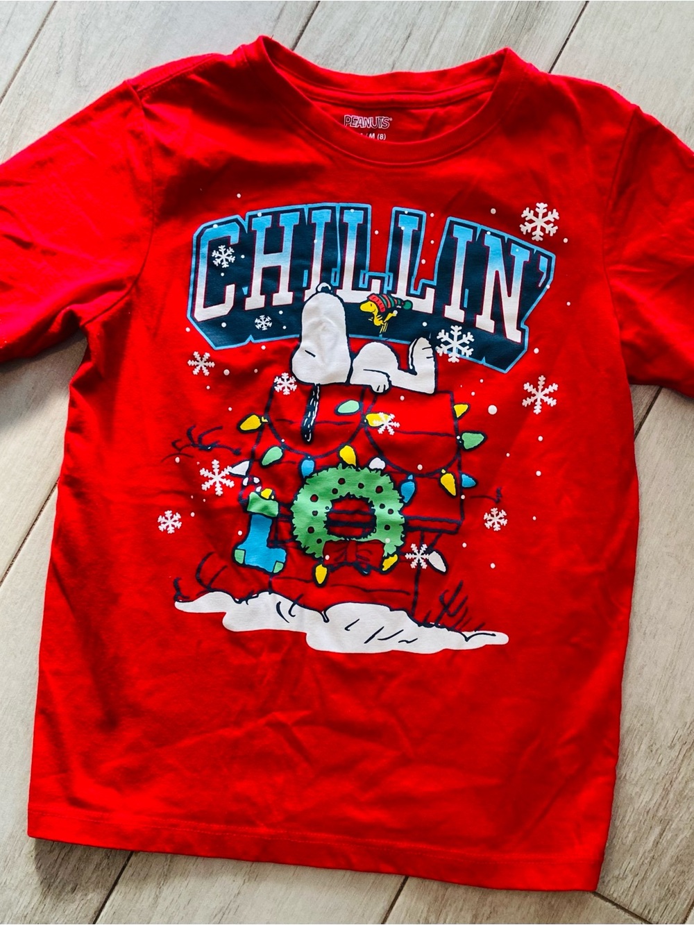 Peanuts Red Long Sleeve Tee with Snoopy & Woodstock Holiday Graphic